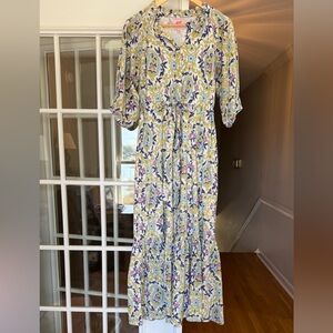 Banjanan Maxi Dress with Blue & Yellow Floral Print - 100% cotton/lined